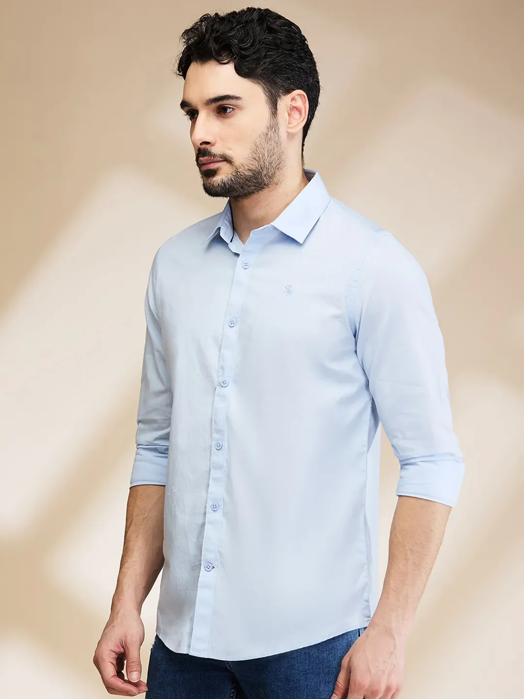 Blue Slim Straight Fit Regular Collar Long Sleeves Men's Shirt by Being Human Clothing - Image 4