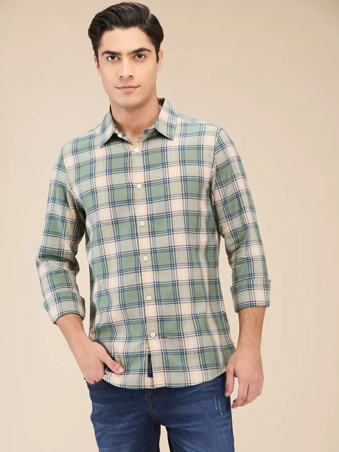 Olive Slim Straight Fit Regular Collar Long Sleeves Men's Shirt by Being Human Clothing