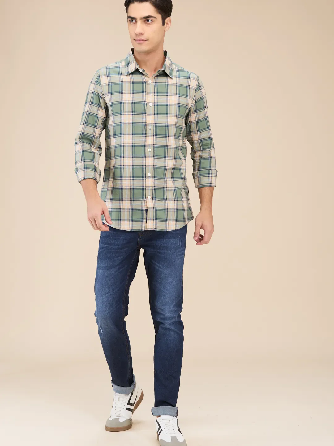 Olive Slim Straight Fit Regular Collar Long Sleeves Men's Shirt by Being Human Clothing - Image 2