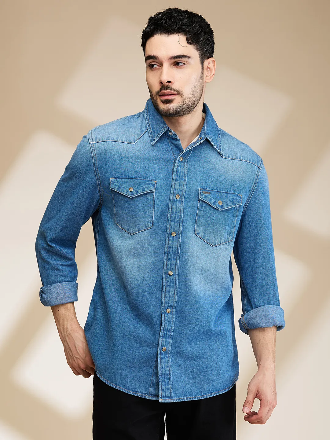 Blue Slim Fit Regular Collar Men's Shirt by Being Human Clothing