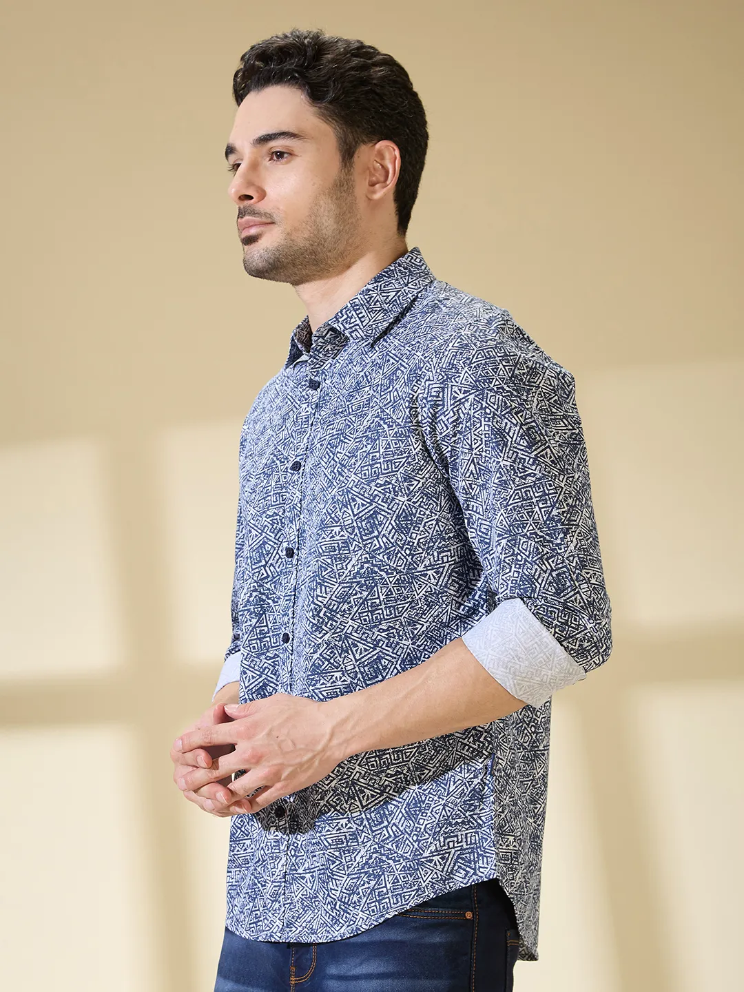 Blue Slim Straight Fit Regular Collar Long Sleeves Men's Shirt by Being Human Clothing - Image 4