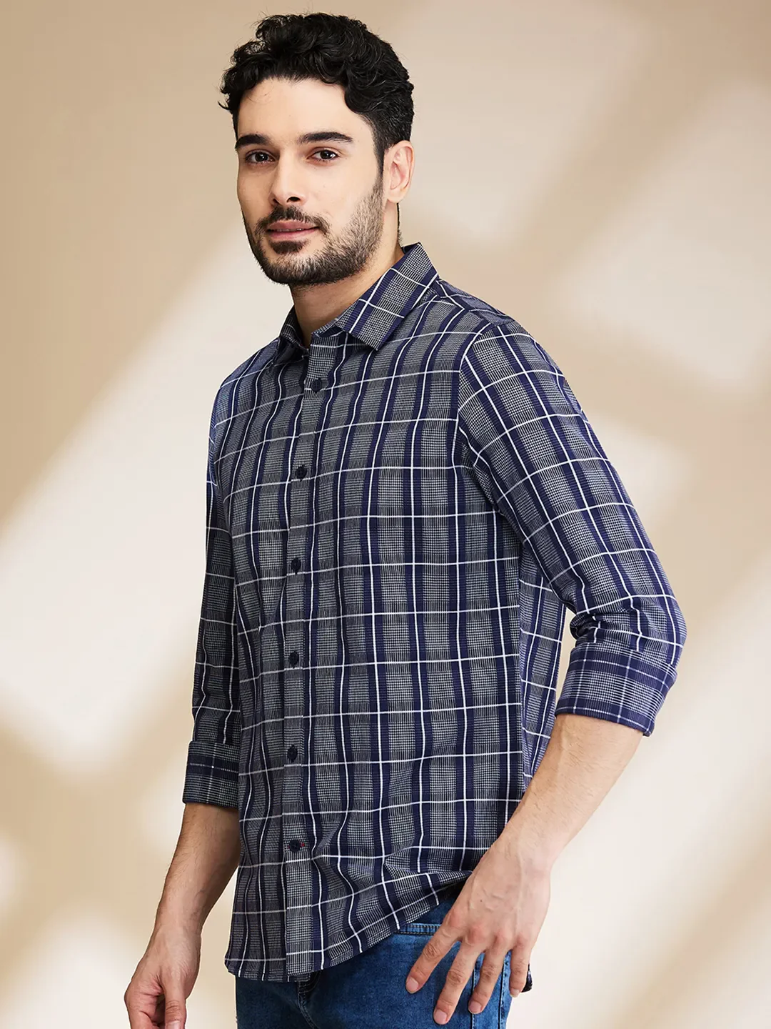 Blue Slim Straight Fit Regular Collar Long Sleeves Men's Shirt by Being Human Clothing - Image 4