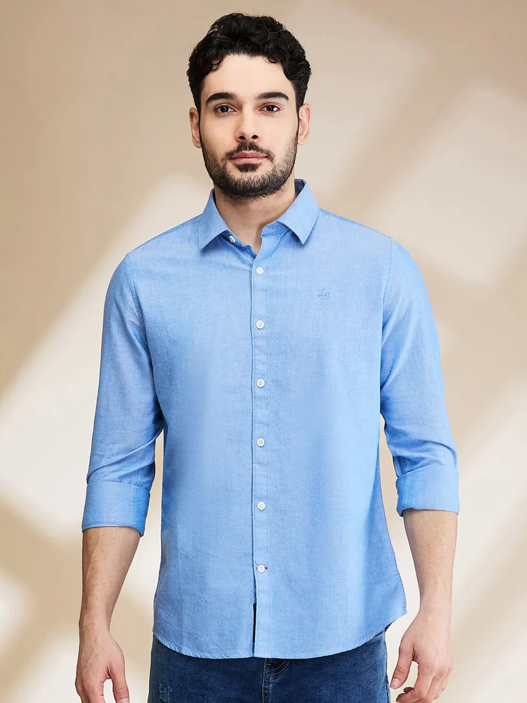 Blue Slim Straight Fit Regular Collar Long Sleeves Men's Shirt by Being Human Clothing