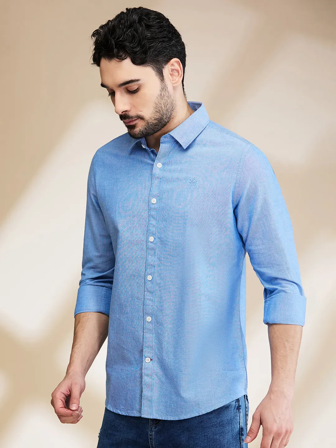 Blue Slim Straight Fit Regular Collar Long Sleeves Men's Shirt by Being Human Clothing - Image 4