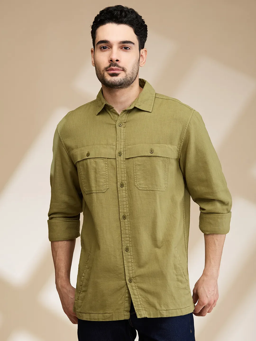 Olive Slim Straight Fit Regular Collar Long Sleeves Men's Shirt by Being Human Clothing