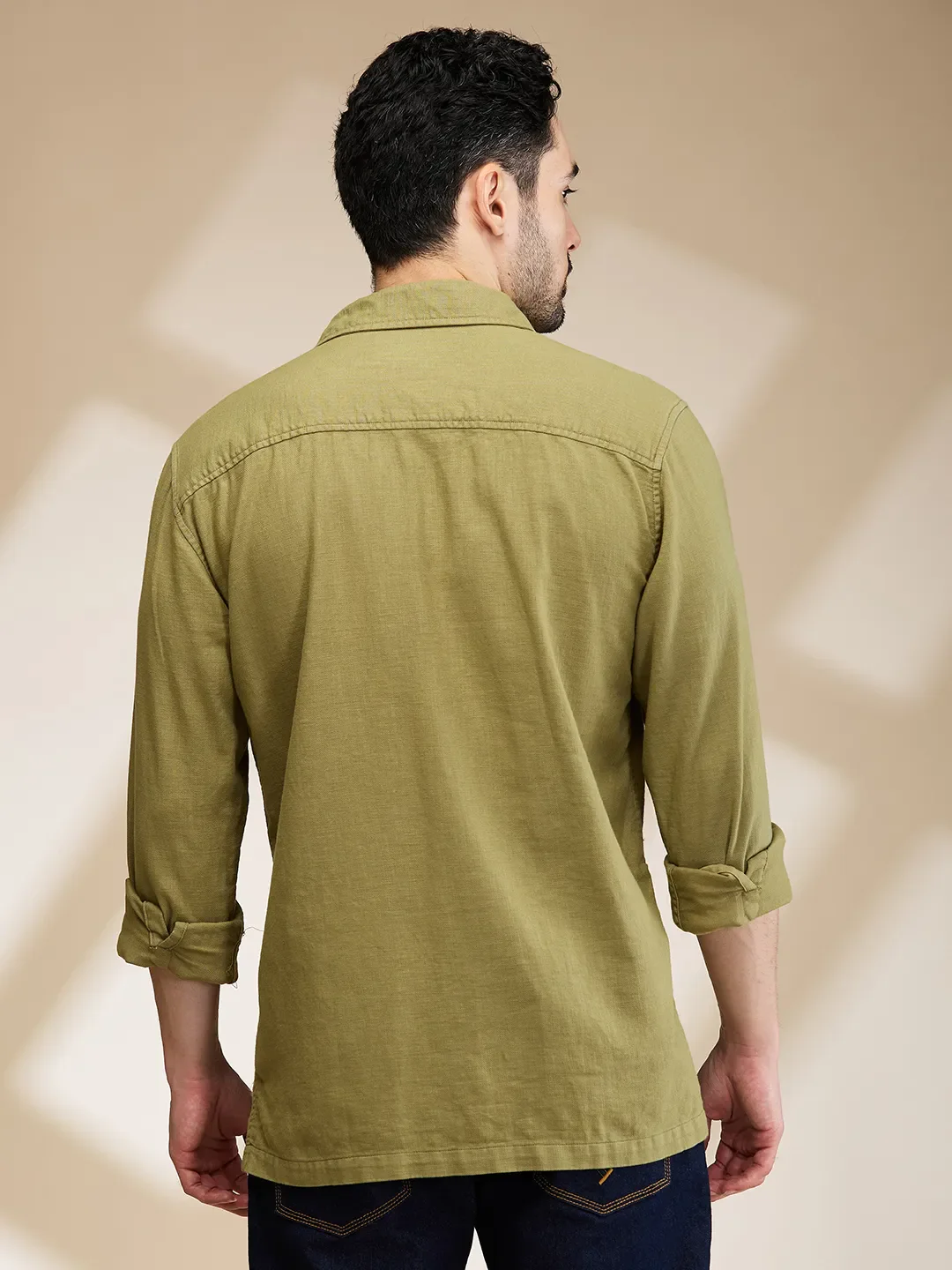 Olive Slim Straight Fit Regular Collar Long Sleeves Men's Shirt by Being Human Clothing - Image 3