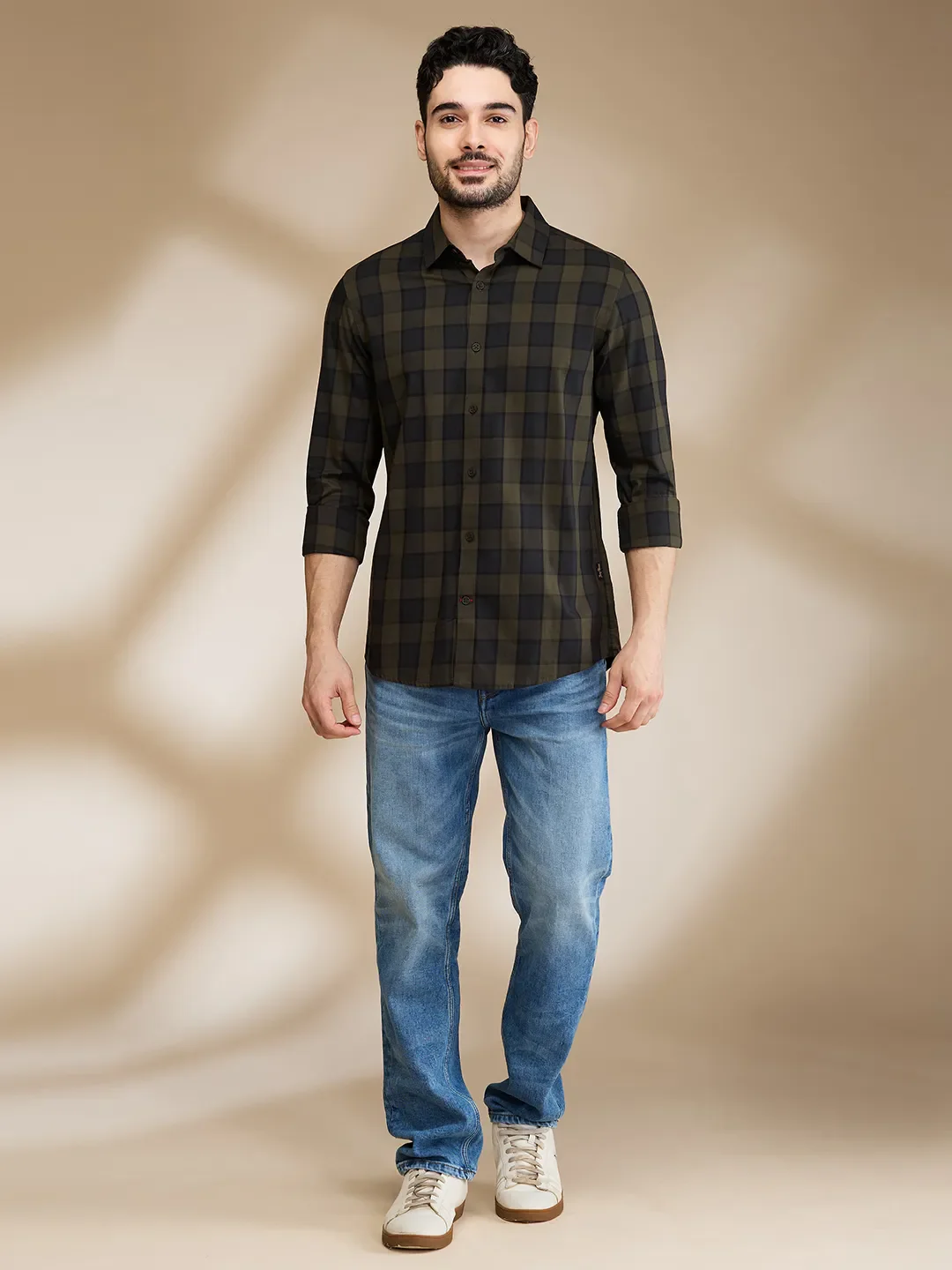 Olive Slim Straight Fit Regular Collar Long Sleeves Men's Shirt by Being Human Clothing - Image 2