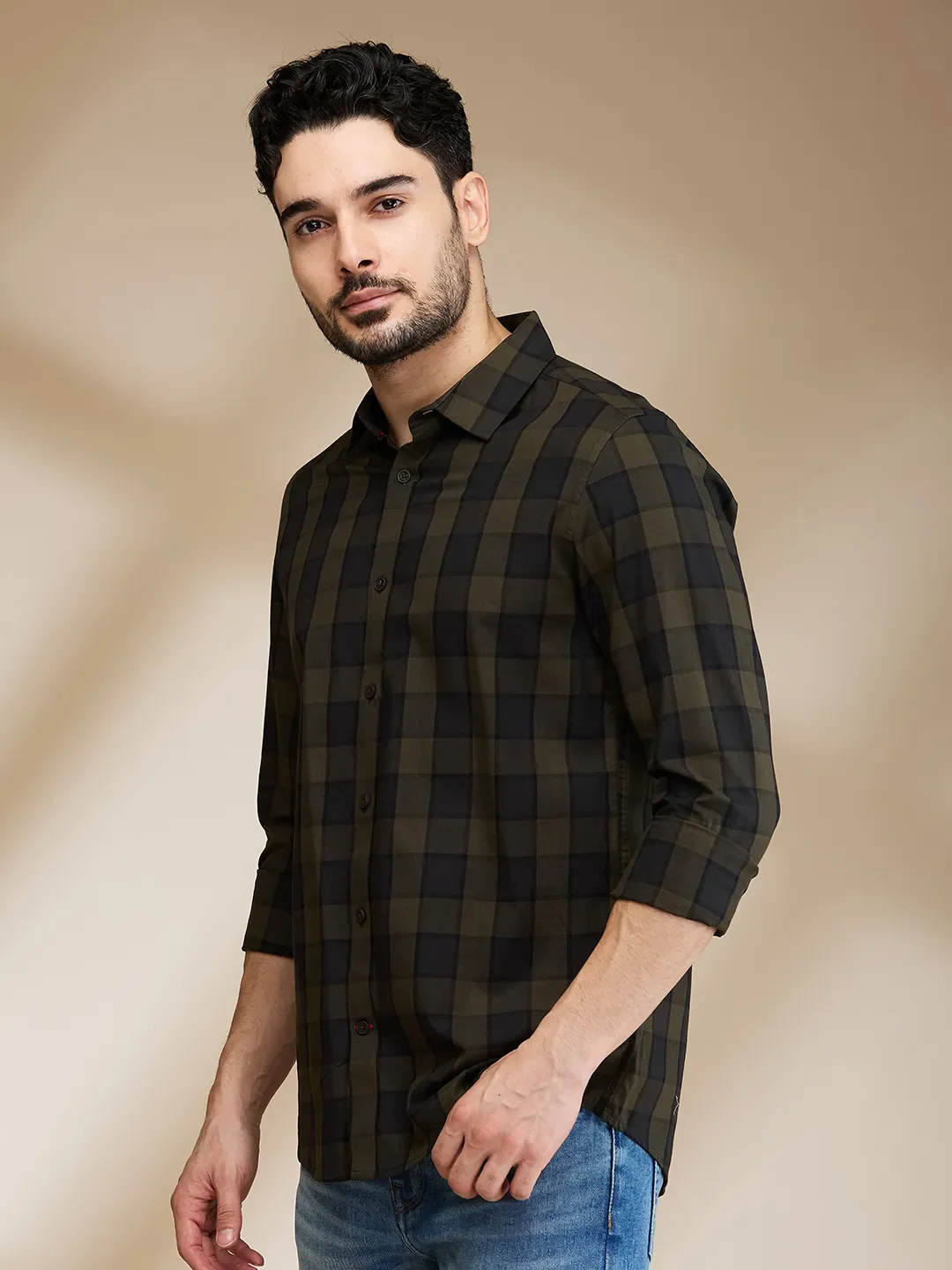 Olive Slim Straight Fit Regular Collar Long Sleeves Men's Shirt by Being Human Clothing - Image 4