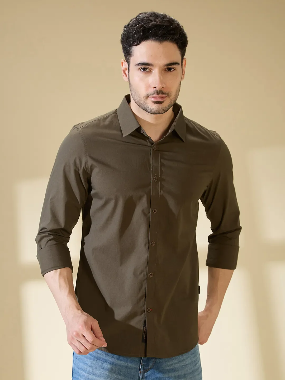 Olive Slim Straight Fit Regular Collar Long Sleeves Men's Shirt by Being Human Clothing