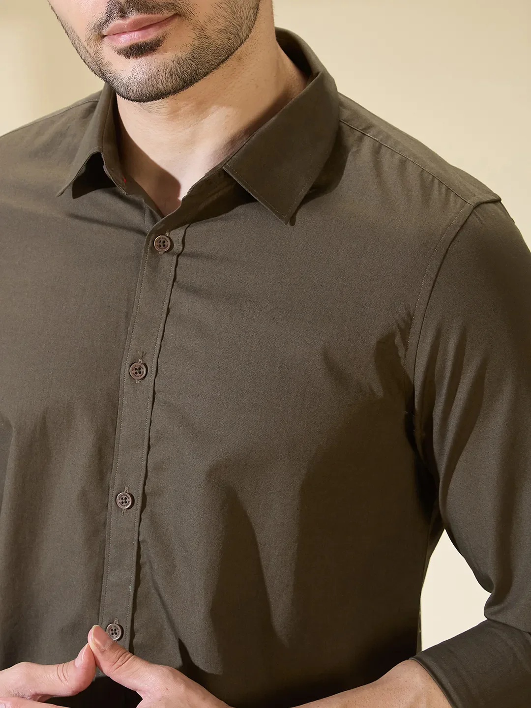 Olive Slim Straight Fit Regular Collar Long Sleeves Men's Shirt by Being Human Clothing - Image 5