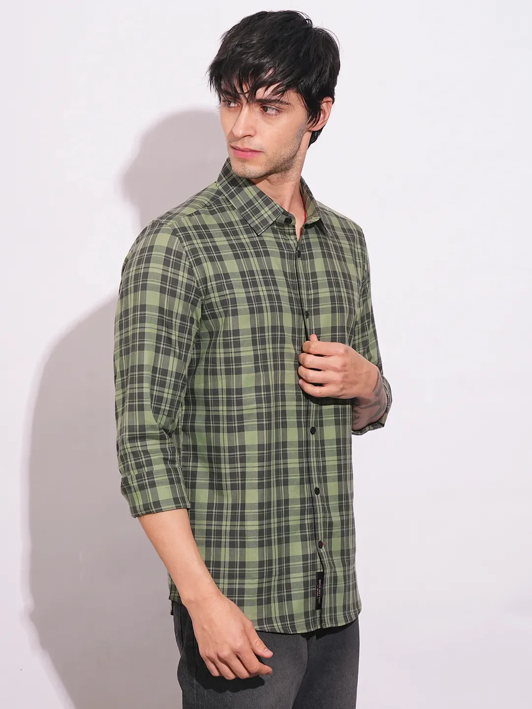 Olive Slim Straight Fit Regular Collar Long Sleeves Men's Shirt by Being Human Clothing - Image 2