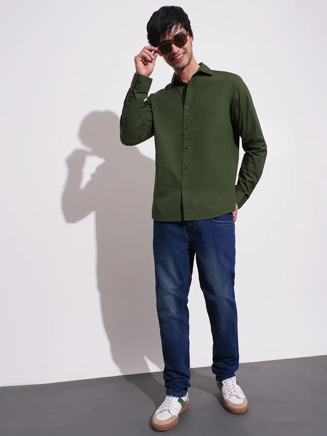 Olive Slim Straight Fit Regular Collar Long Sleeves Men's Shirt by Being Human Clothing - Image 4