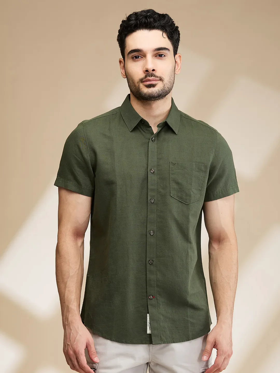 Olive Slim Fit Regular Collar Men's Shirt by Being Human Clothing