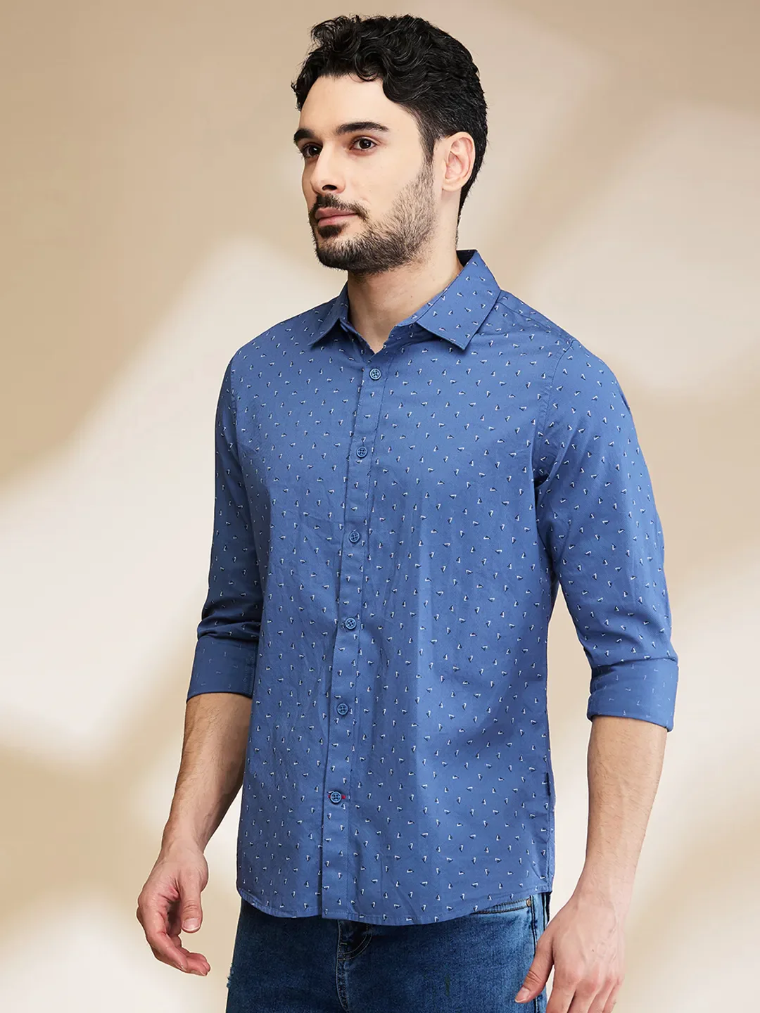 Blue Slim Straight Fit Regular Collar Long Sleeves Men's Shirt by Being Human Clothing - Image 4