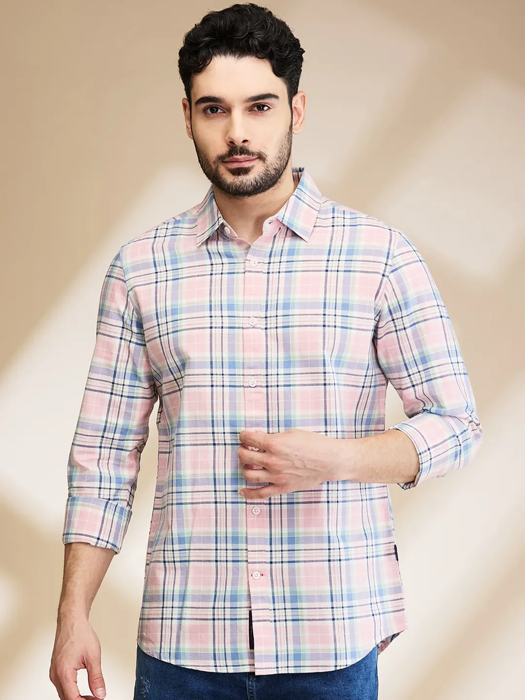 Pink Slim Straight Fit Regular Collar Long Sleeves Men's Shirt by Being Human Clothing