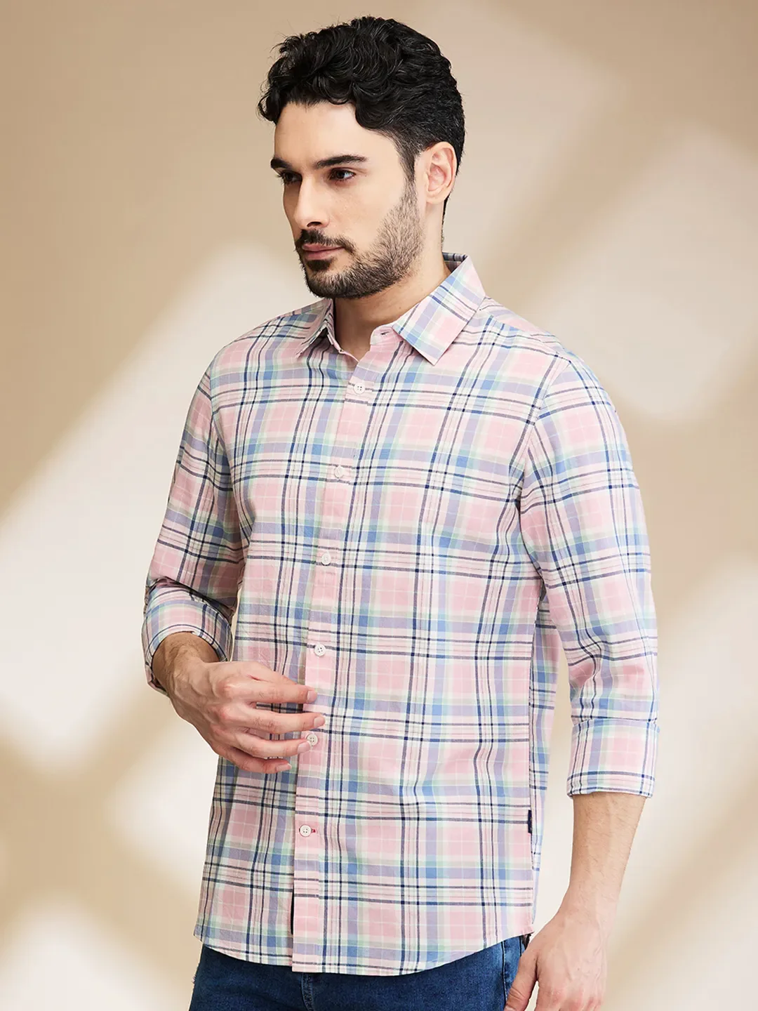Pink Slim Straight Fit Regular Collar Long Sleeves Men's Shirt by Being Human Clothing - Image 4