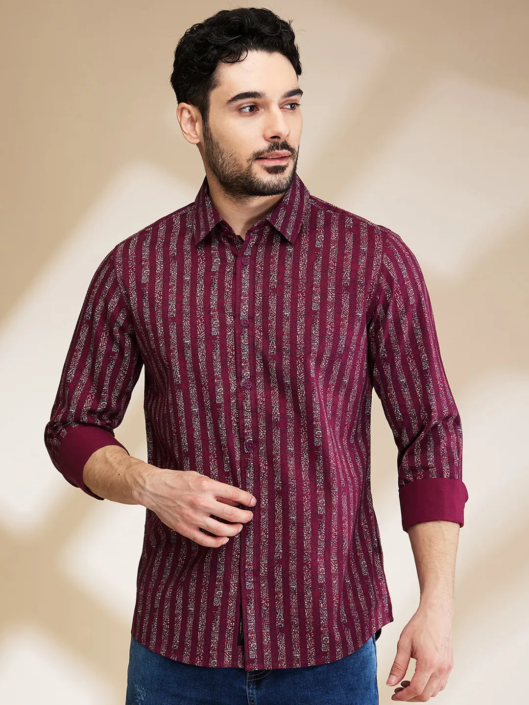 Red Slim Straight Fit Regular Collar Long Sleeves Men's Shirt by Being Human Clothing