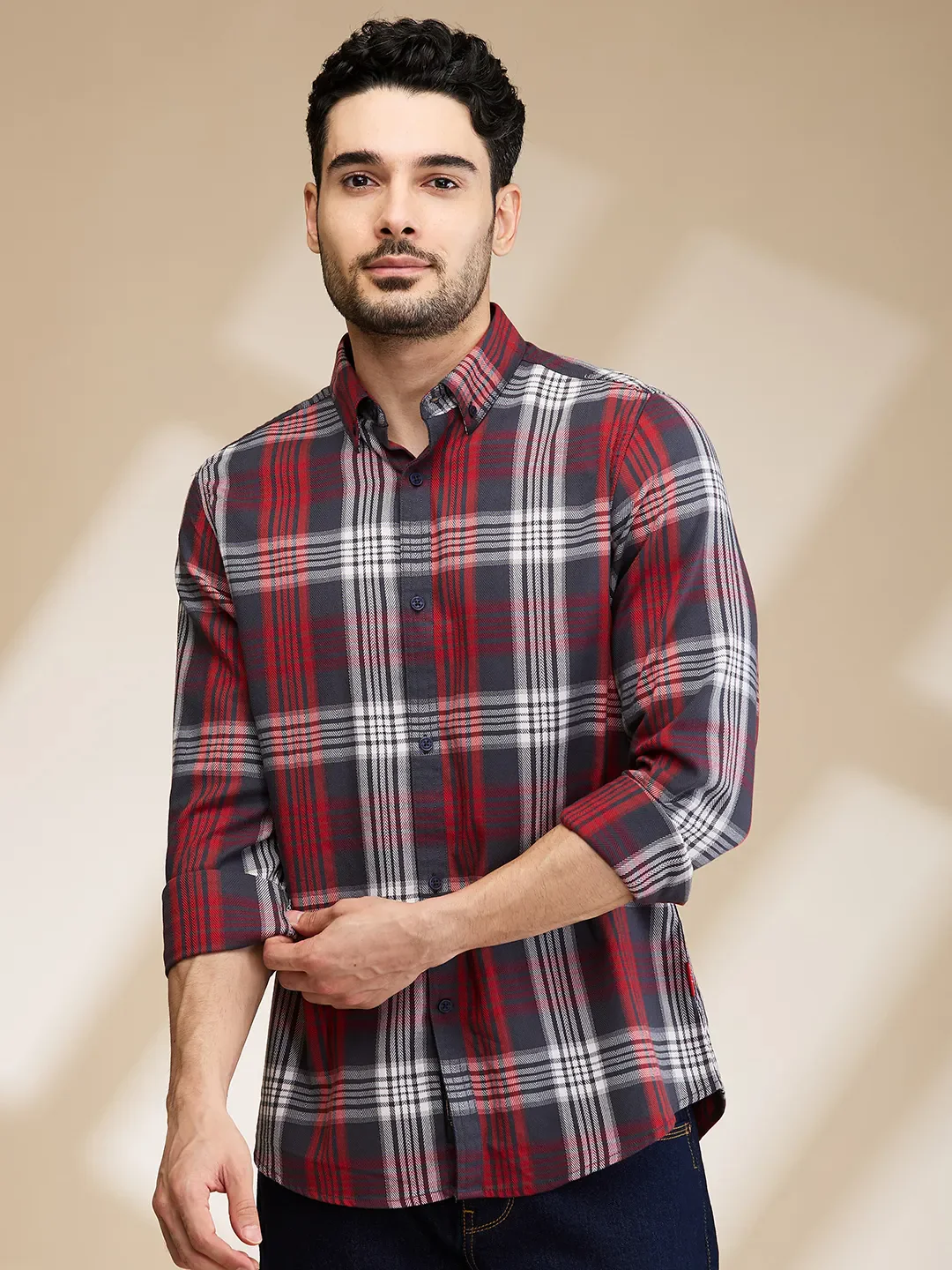 Red Slim Fit Regular Collar Men's Shirt by Being Human Clothing