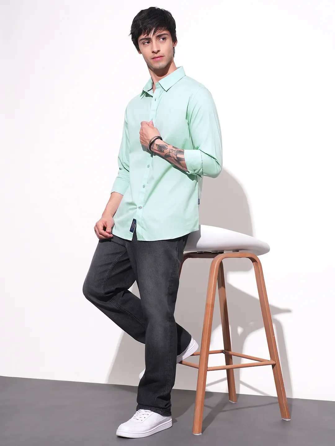 Green Slim Straight Fit Regular Collar Long Sleeves Men's Shirt by Being Human Clothing - Image 4