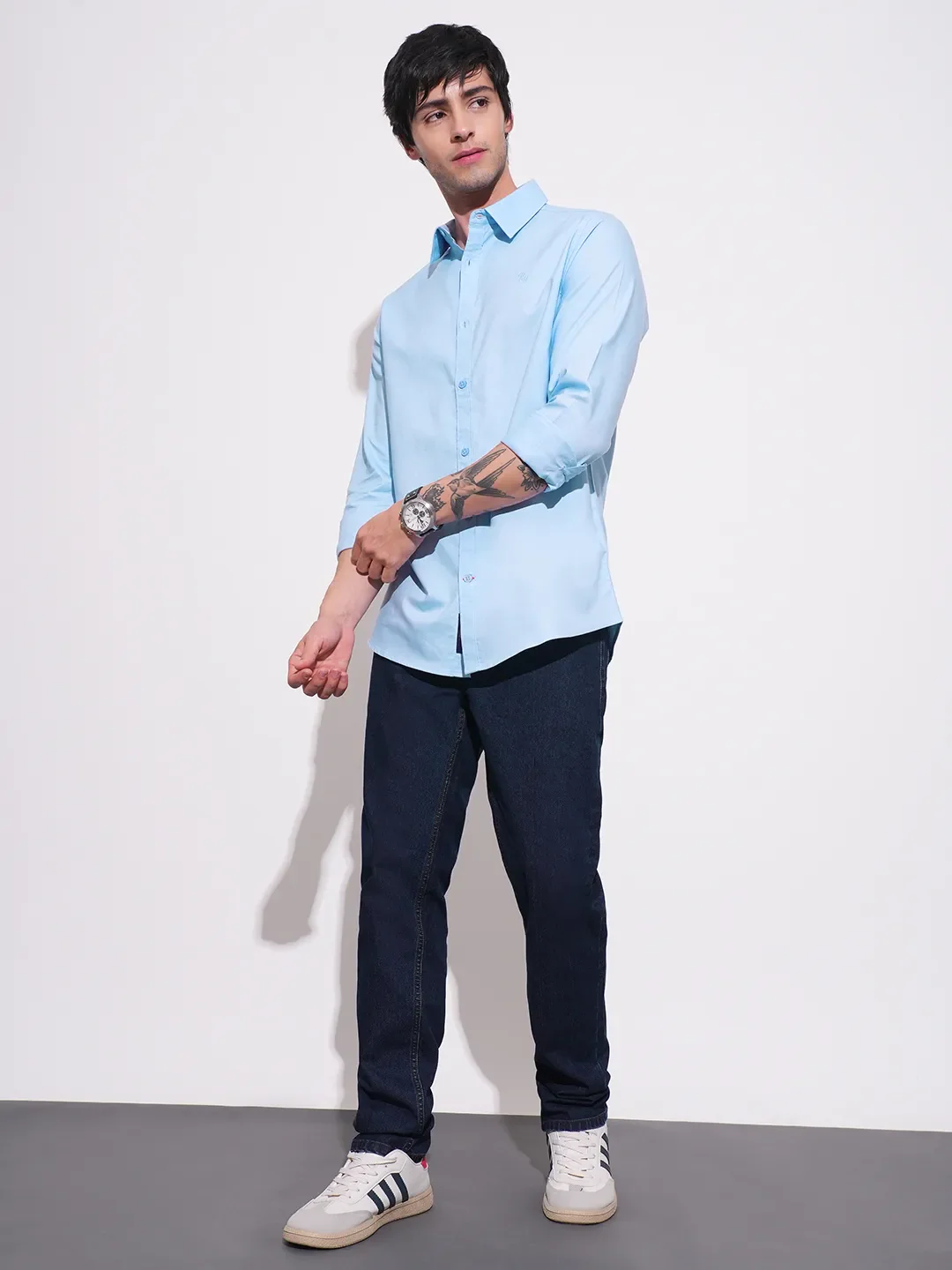 Blue Slim Straight Fit Regular Collar Long Sleeves Men's Shirt by Being Human Clothing - Image 4