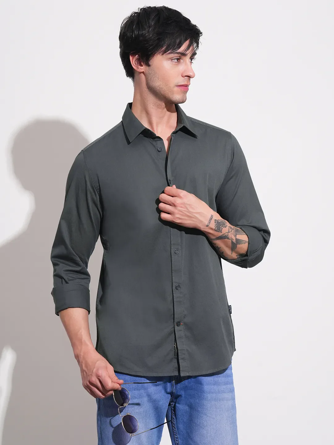 Grey Slim Straight Fit Regular Collar Long Sleeves Men's Shirt by Being Human Clothing - Image 6