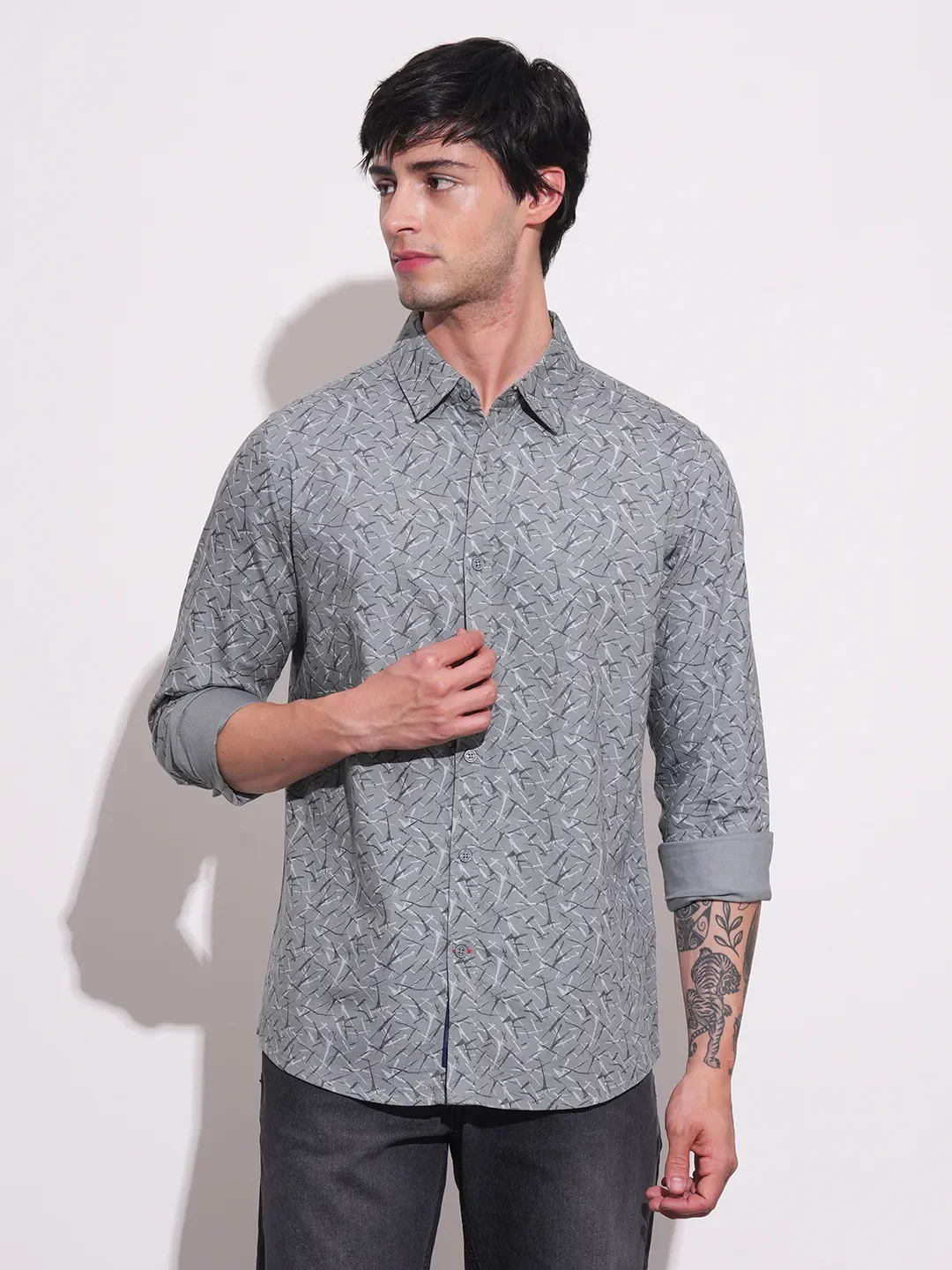 Grey Slim Straight Fit Regular Collar Long Sleeves Men's Shirt by Being Human Clothing