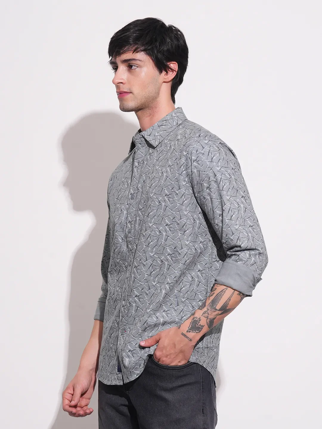 Grey Slim Straight Fit Regular Collar Long Sleeves Men's Shirt by Being Human Clothing - Image 2