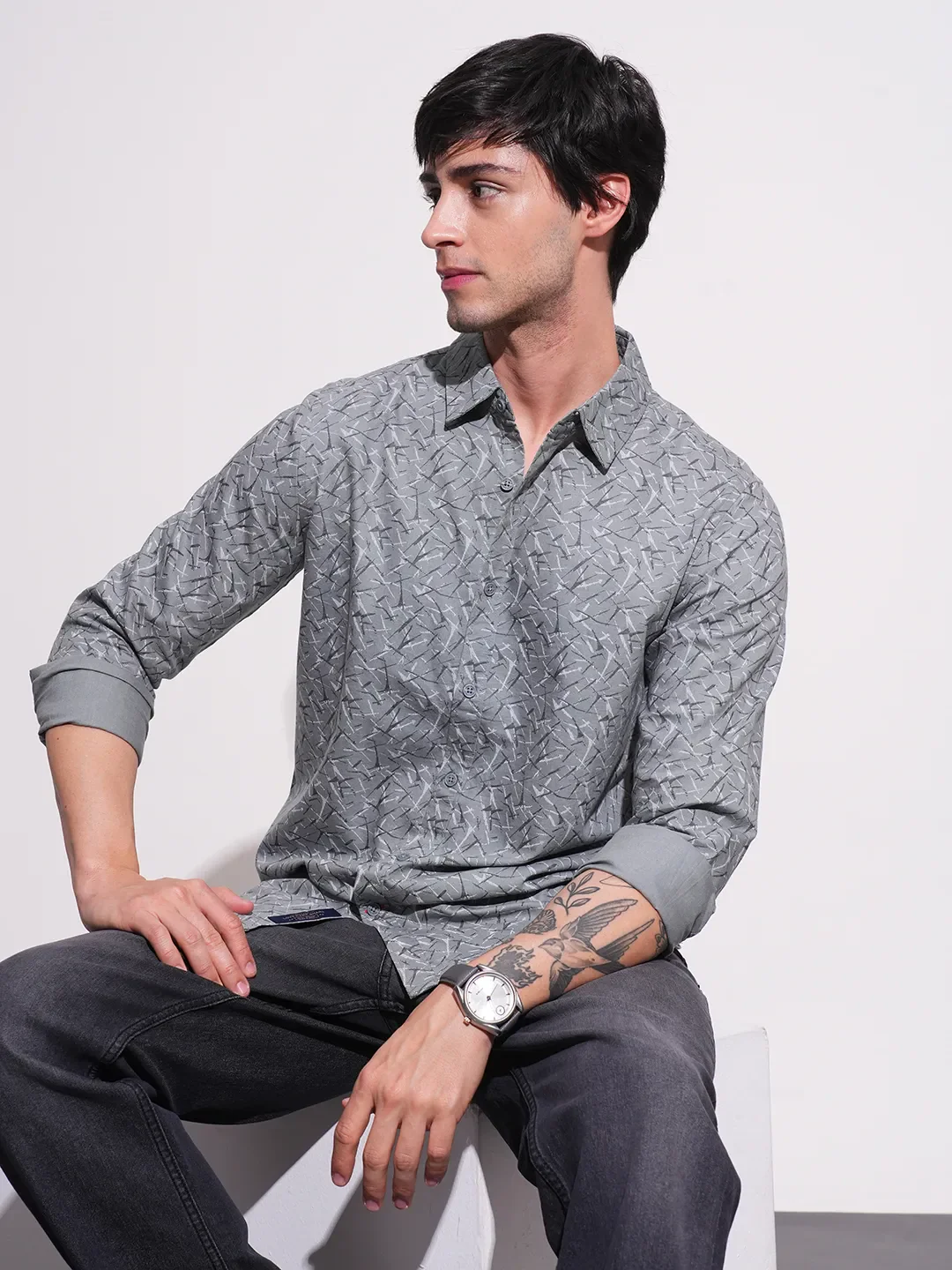 Grey Slim Straight Fit Regular Collar Long Sleeves Men's Shirt by Being Human Clothing - Image 6