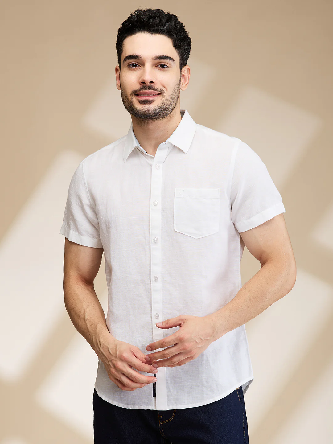 White Slim Straight Fit Regular Collar Short Sleeves Men's Shirt by Being Human Clothing