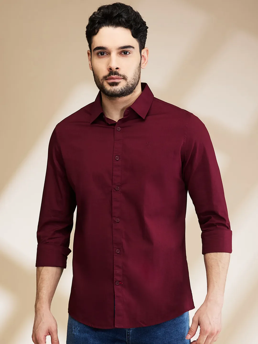 Red Slim Straight Fit Regular Collar Long Sleeves Men's Shirt by Being Human Clothing