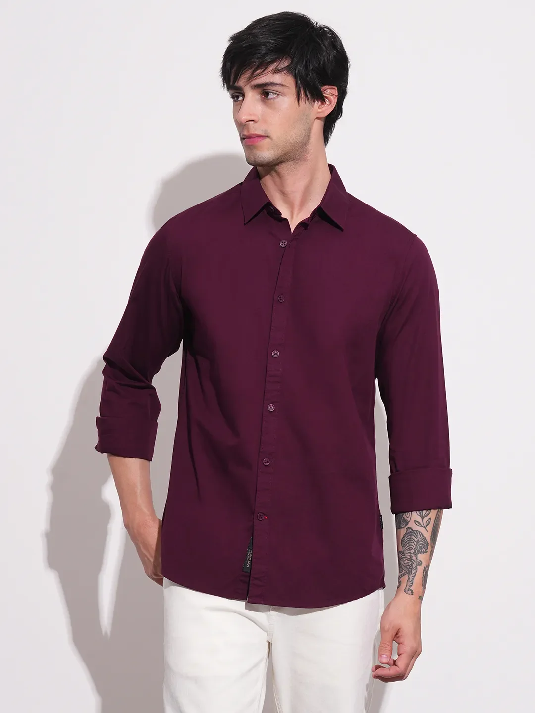 Red Slim Straight Fit Regular Collar Long Sleeves Men's Shirt by Being Human Clothing