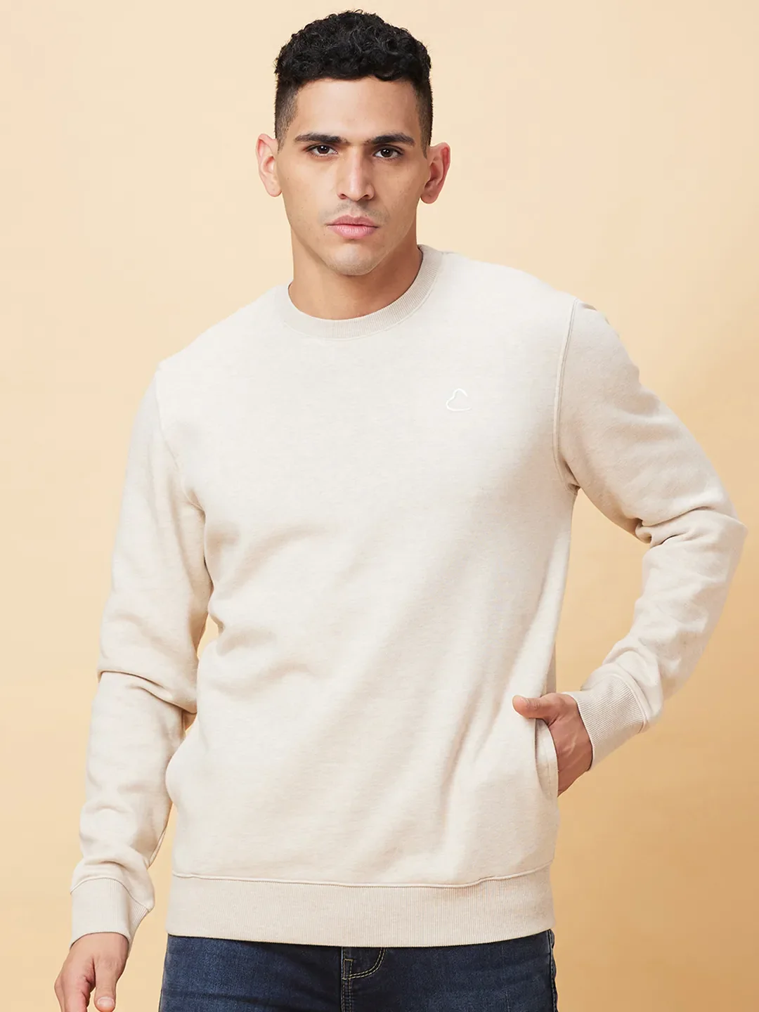 Beige Regular Fit Round Neck Men's Sweatshirt by Being Human Clothing