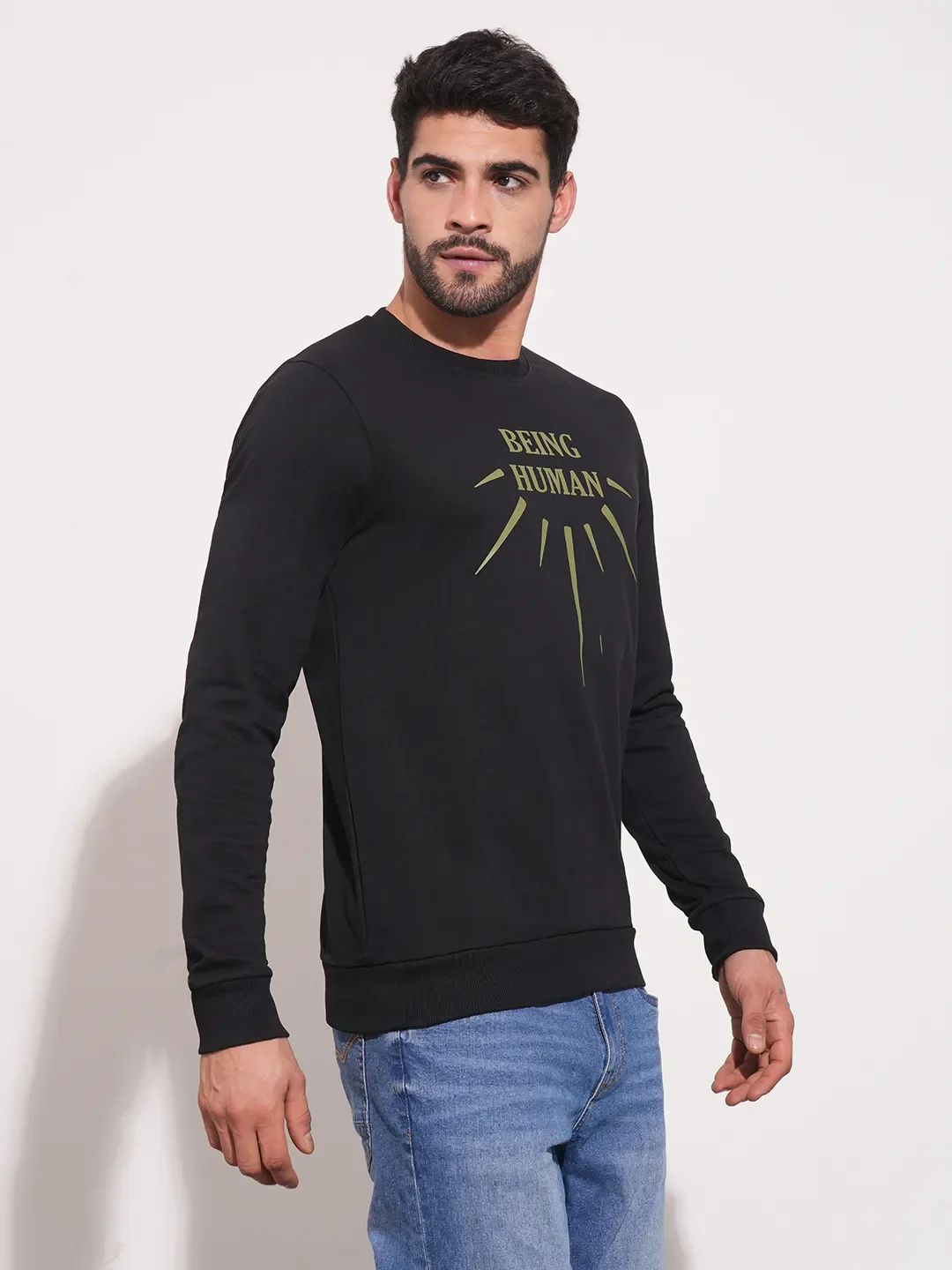 Black Regular Fit Round Neck Long Sleeves Men's Sweatshirt by Being Human Clothing - Image 4