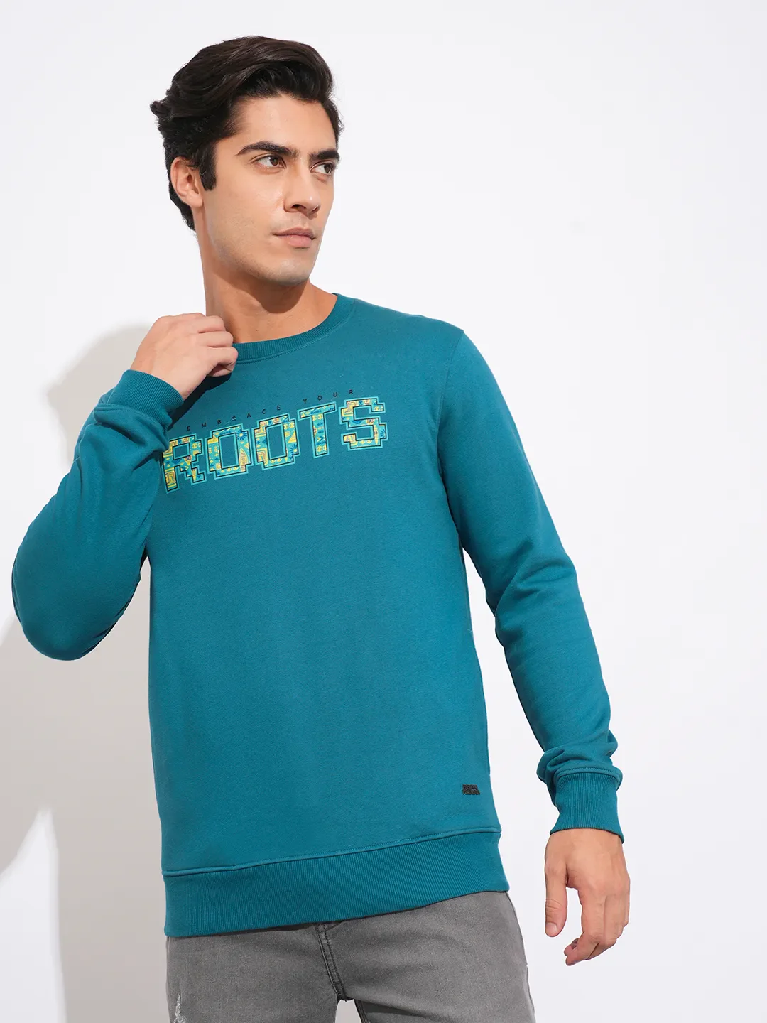 Teal Regular Fit Round Neck Men's Sweatshirt by Being Human Clothing
