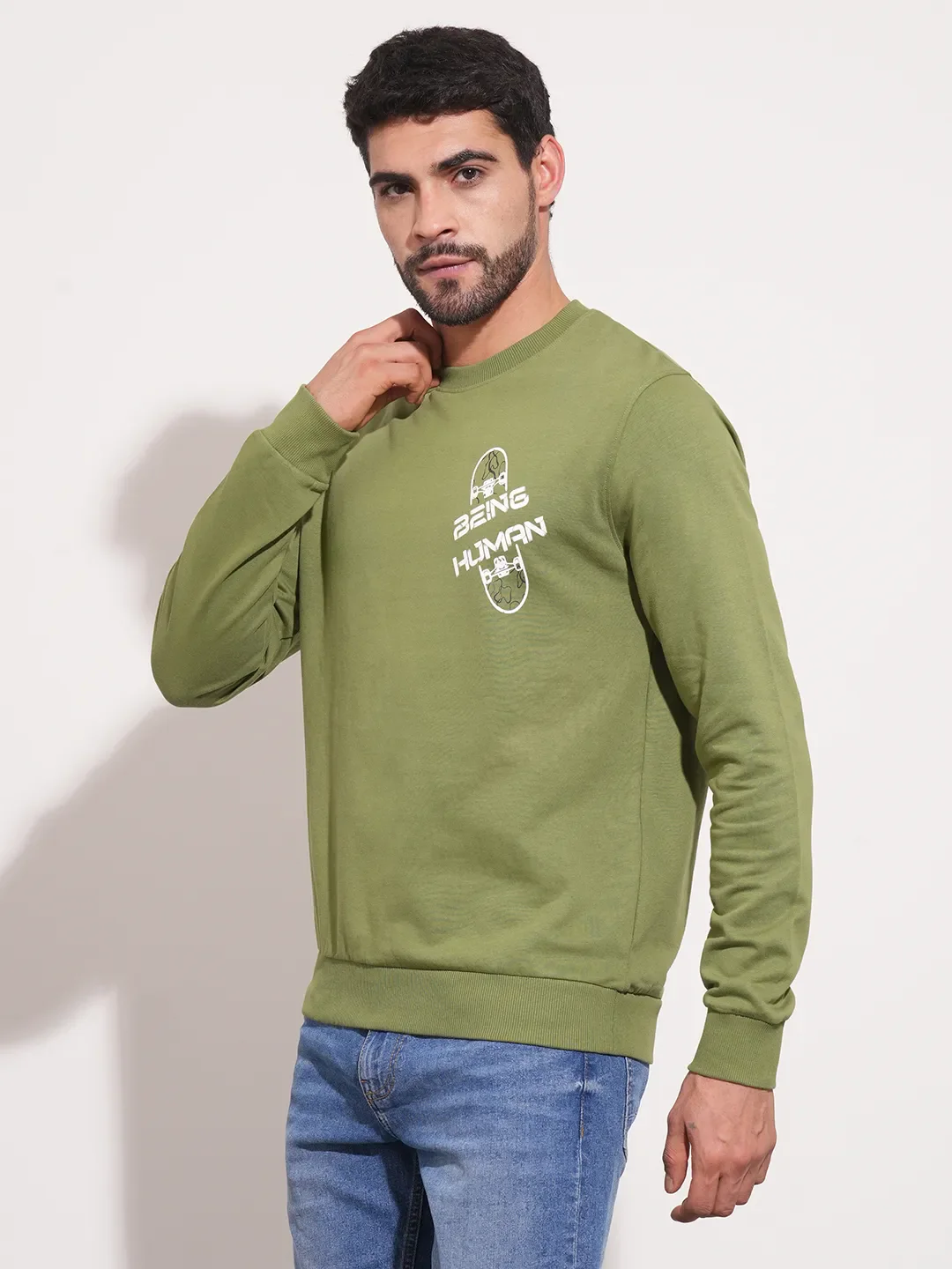 Green Regular Fit Round Neck Men's Sweatshirt by Being Human Clothing - Image 4