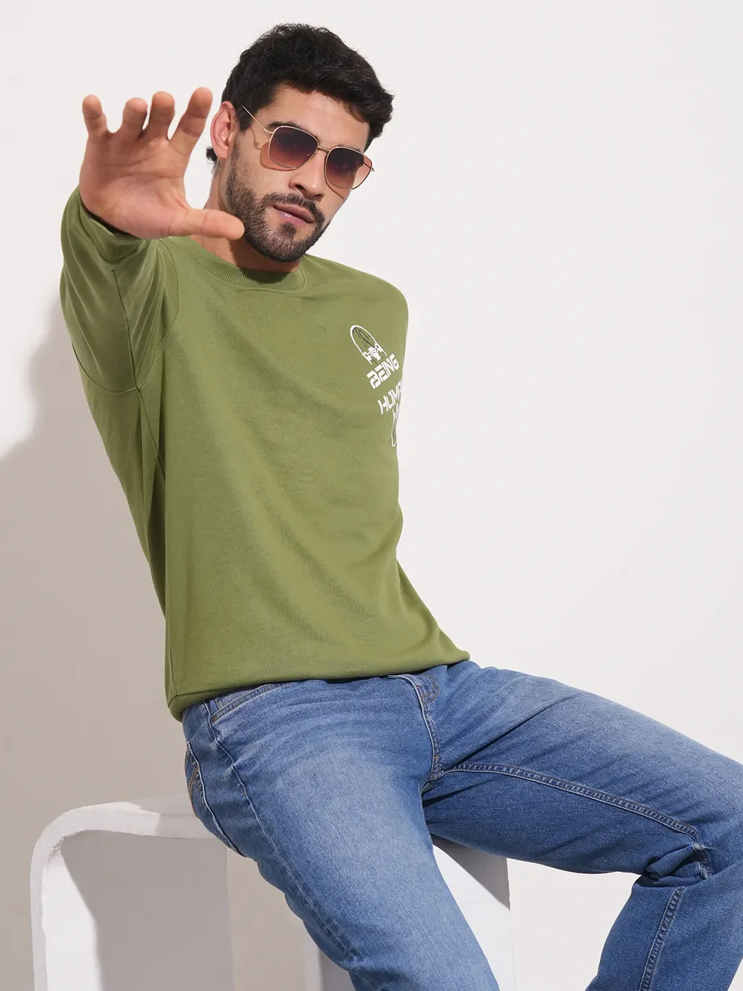 Green Regular Fit Round Neck Men's Sweatshirt by Being Human Clothing - Image 6