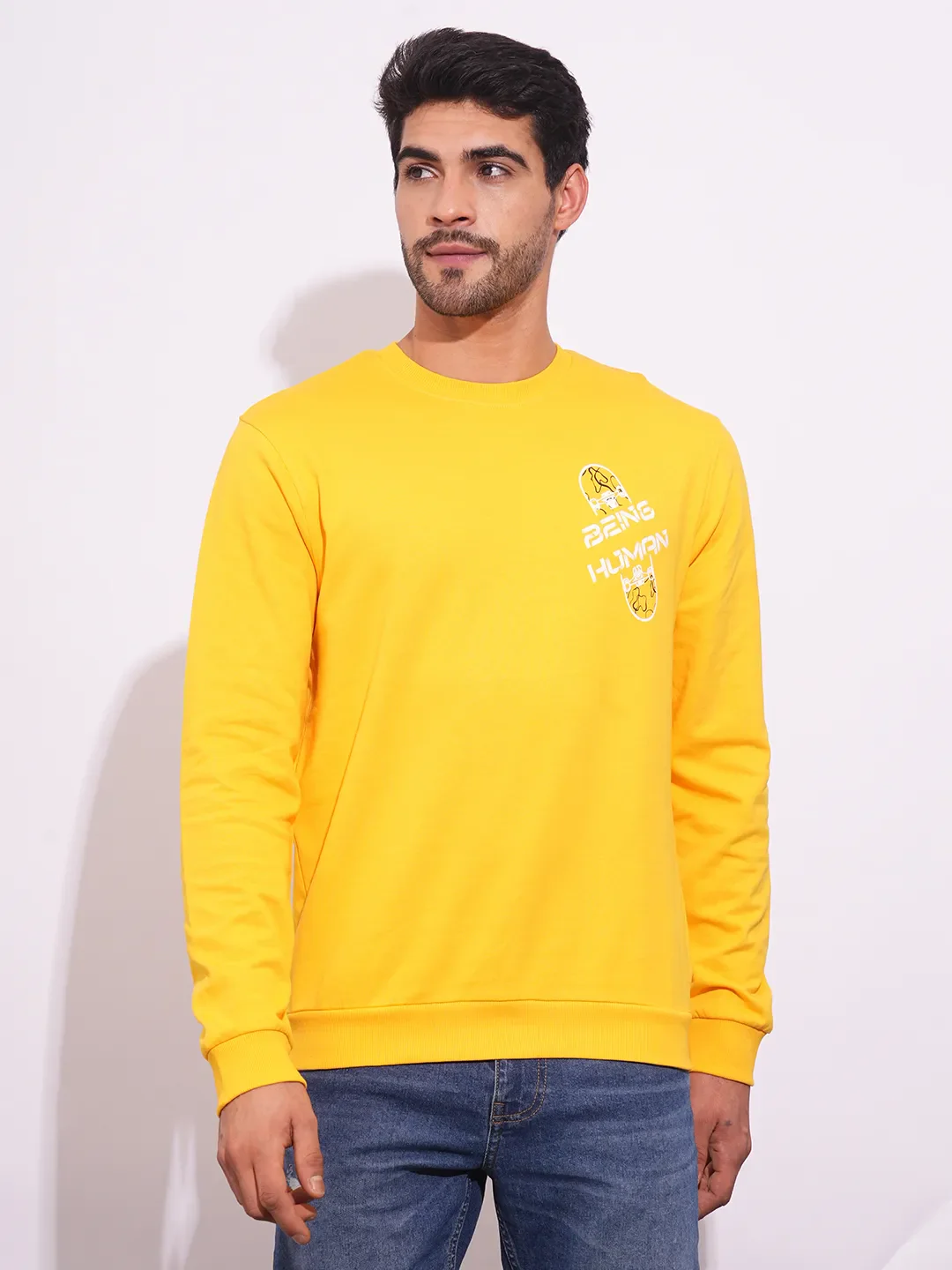 Yellow Regular Fit Round Neck Long Sleeves Men's Sweatshirt by Being Human Clothing