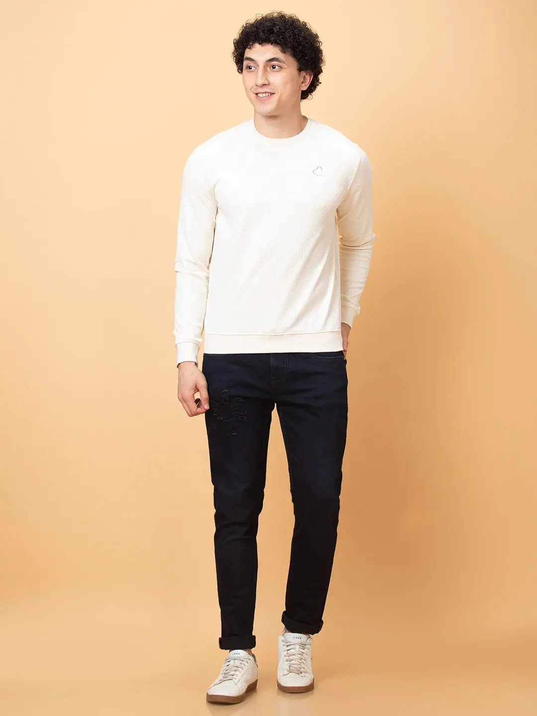 White Slim Straight Fit Round Neck Long Sleeves Men's Sweatshirt by Being Human Clothing - Image 2