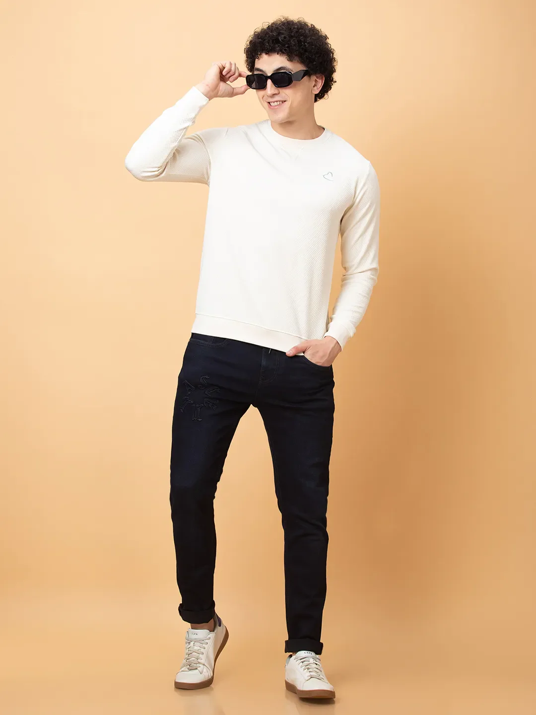 White Slim Straight Fit Round Neck Long Sleeves Men's Sweatshirt by Being Human Clothing - Image 6