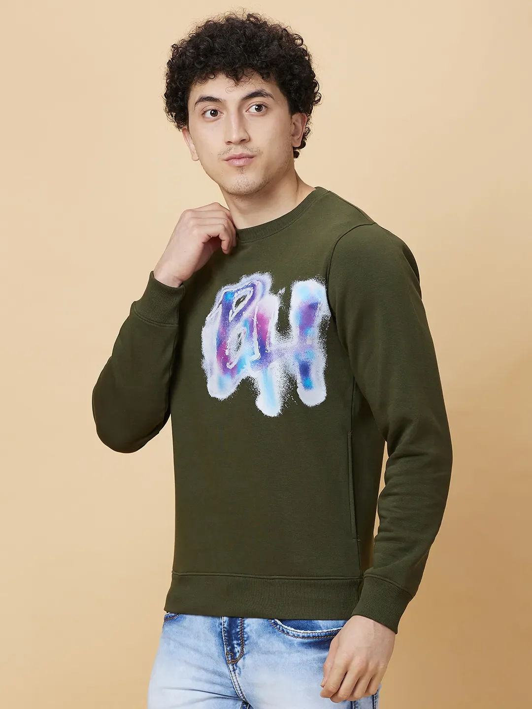 Olive Regular Fit Round Neck Men's Sweatshirt by Being Human Clothing - Image 4