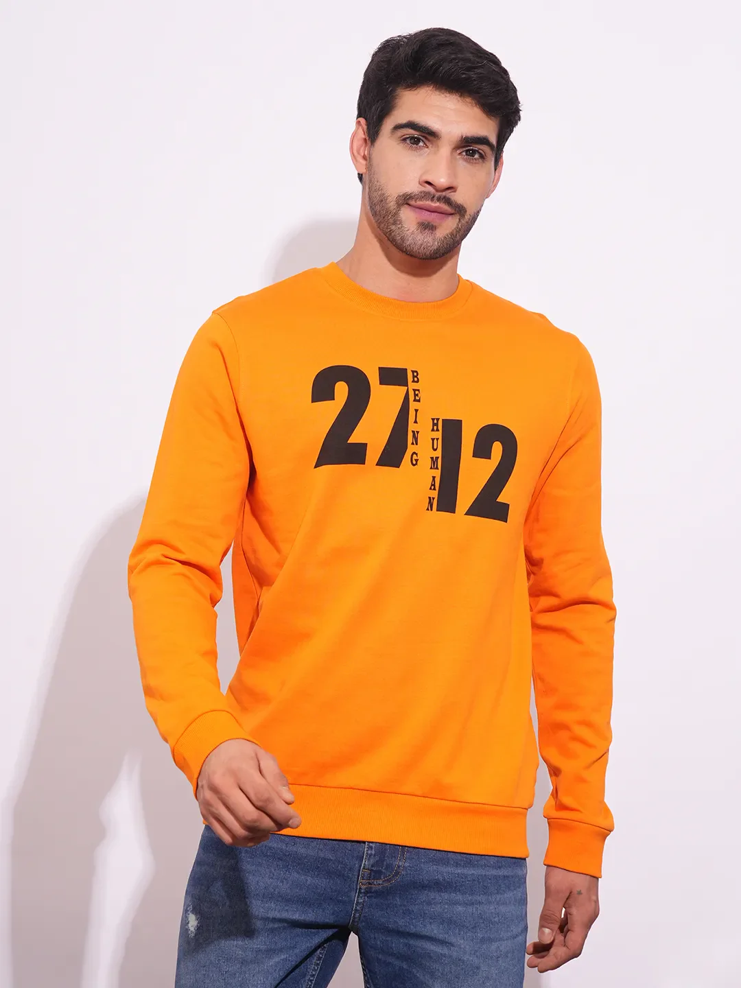 Orange Regular Fit Round Neck Long Sleeves Men's Sweatshirt by Being Human Clothing
