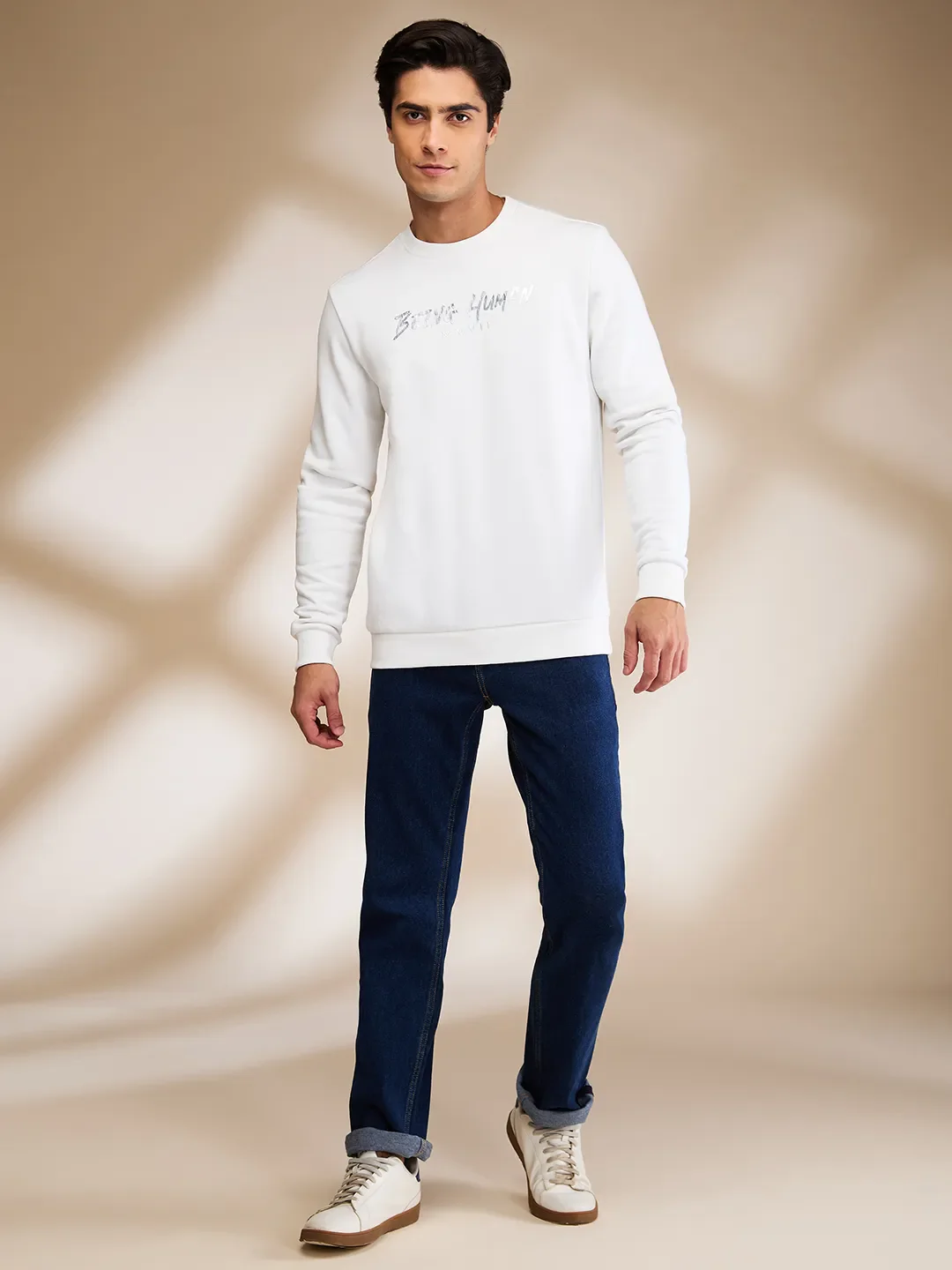 White Regular Fit Round Neck Men's Sweatshirt by Being Human Clothing - Image 2