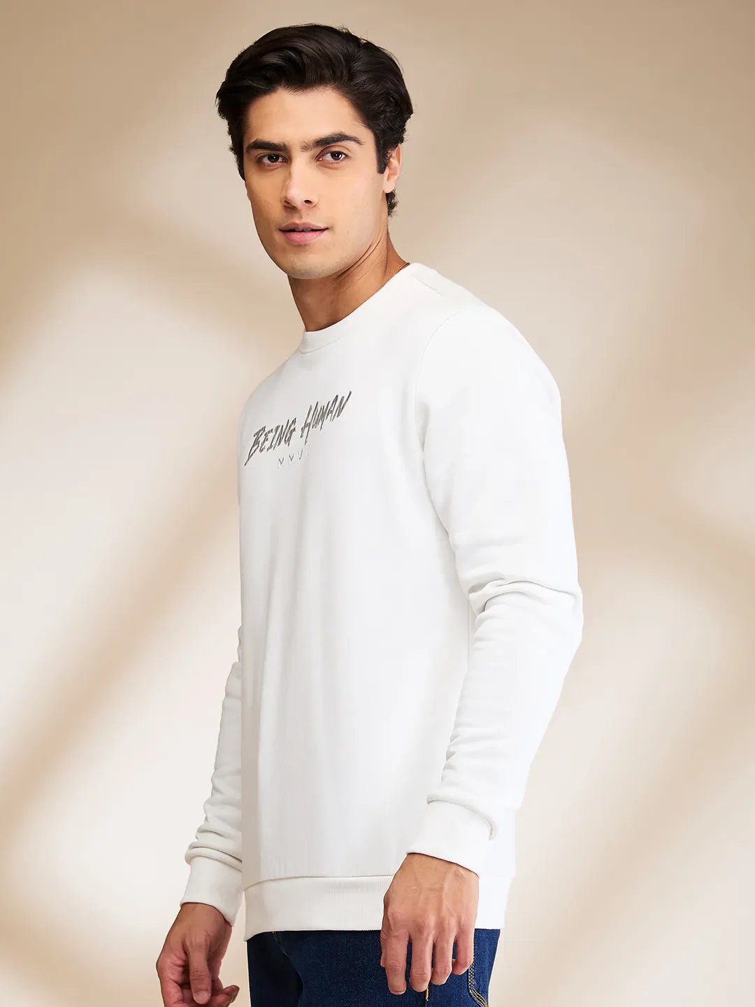 White Regular Fit Round Neck Men's Sweatshirt by Being Human Clothing - Image 4