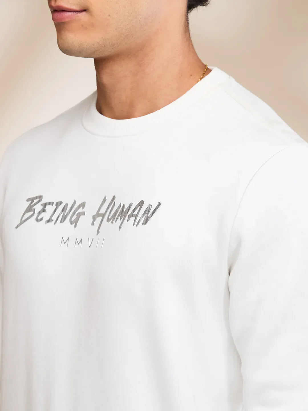 White Regular Fit Round Neck Men's Sweatshirt by Being Human Clothing - Image 5