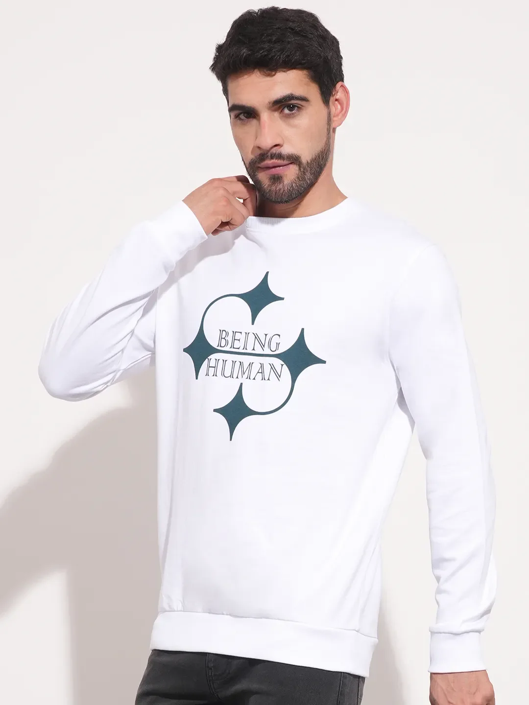 White Regular Fit Round Neck Long Sleeves Men's Sweatshirt by Being Human Clothing - Image 6