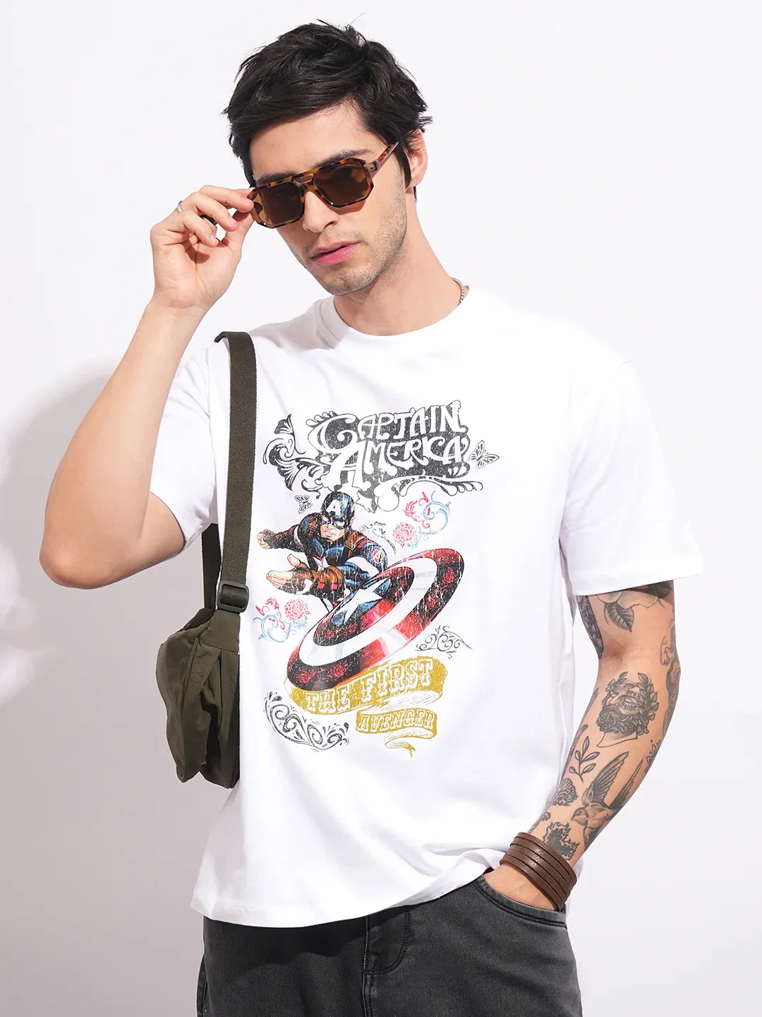 Captain America White Easy Fit Round Neck Men's T-Shirt by Being Human Clothing - Image 6