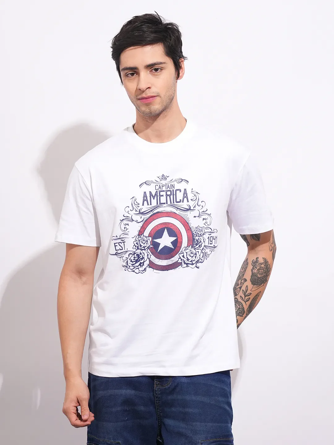 Captain America White Easy Fit Round Neck Men's T-Shirt by Being Human Clothing