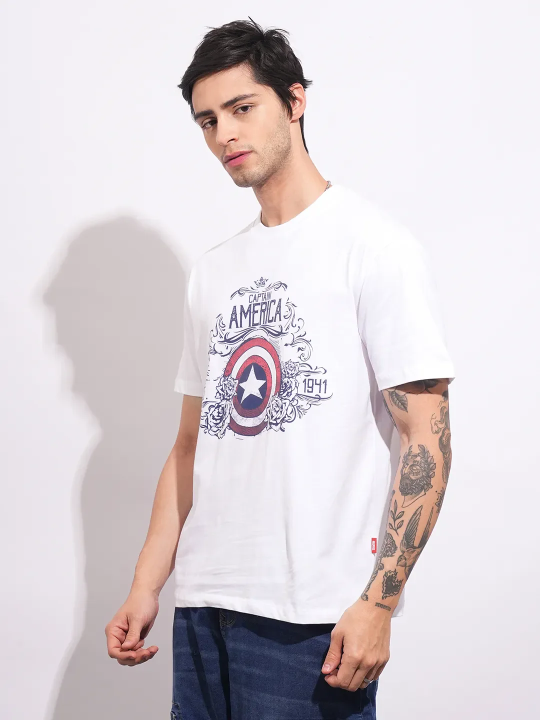 Captain America White Easy Fit Round Neck Men's T-Shirt by Being Human Clothing - Image 2