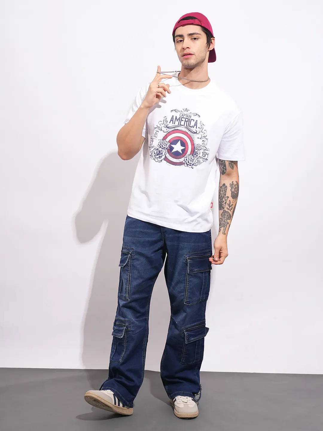 Captain America White Easy Fit Round Neck Men's T-Shirt by Being Human Clothing - Image 4