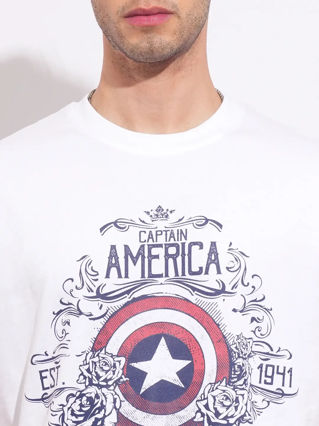 Captain America White Easy Fit Round Neck Men's T-Shirt by Being Human Clothing - Image 5